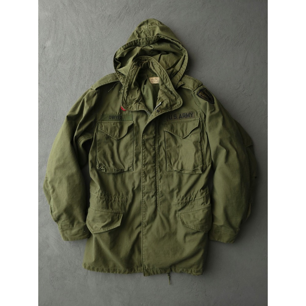 Vintage 60s US Army Green Field Jacket Size Long Small M-65 Patches